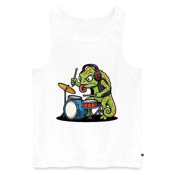 Caméléon Batteur Rock Musique Mascotte Cartoon - Débardeur bio Premium Homme - blanc - Devant - Michal (187cm)