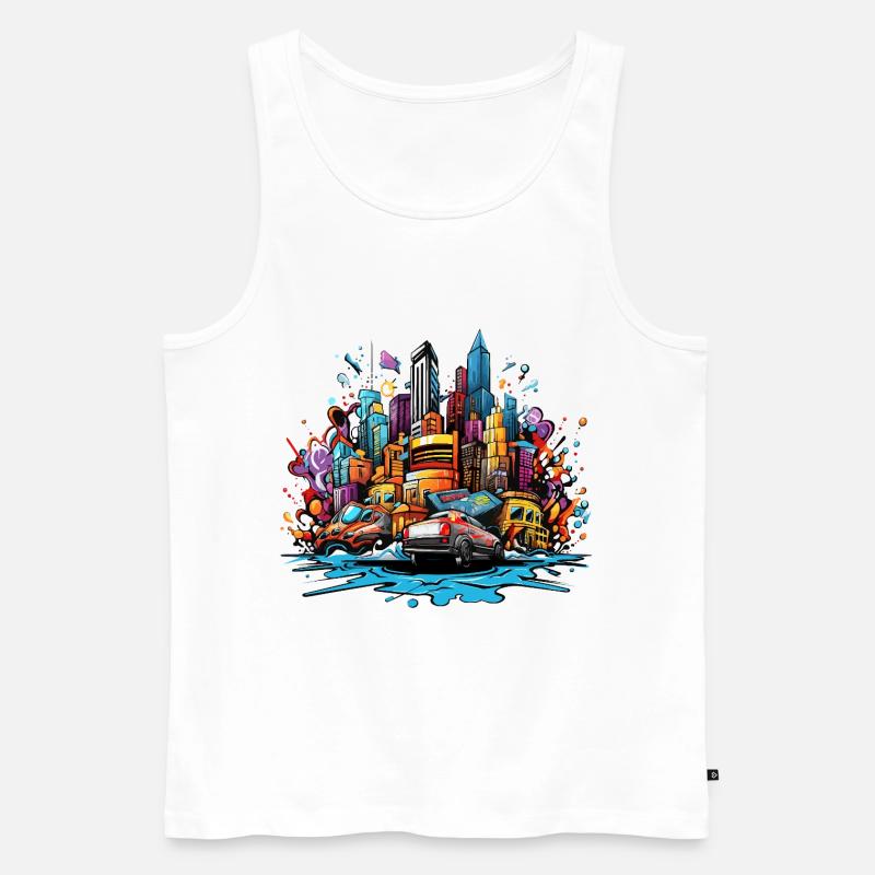 Bunte Stadtsilhouette mit Autos - Männer Premium Bio Tank Top - Weiß