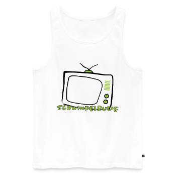 Medienkritik Shirt – Schwindelbude TV Satire State - Männer Premium Bio Tank Top - Weiß - Vorne - Michal (187cm)