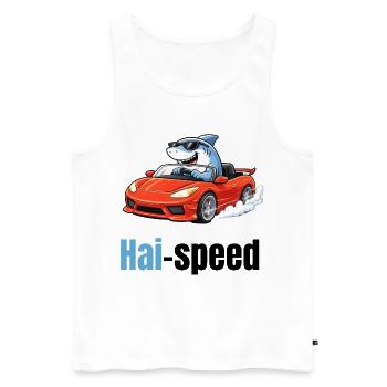 Haispeed | Un requin de dessin animé cool dans une voiture de sport - Débardeur bio Premium Homme - blanc - Devant - Michal (187cm)
