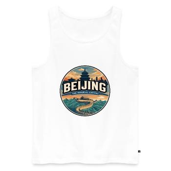 Badge rétro de voyage de la Grande Muraille de Pékin - Débardeur bio Premium Homme - blanc - Devant - Michal (187cm)