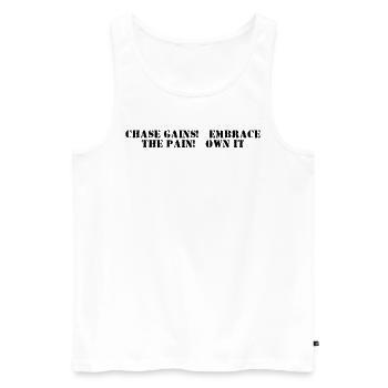 Fitness - Chasser les gains, embrasser la douleur, l’assumer - Débardeur bio Premium Homme - blanc - Devant - AI Model Male 178 light (178cm)