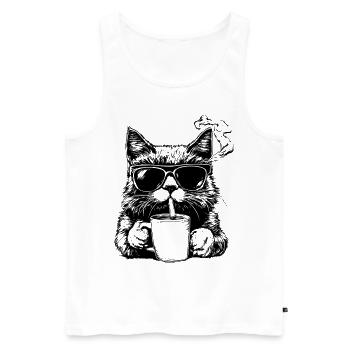 Cool: Katze mit Sonnenbrille, Zigarette und Kaffee - Männer Premium Bio Tank Top - Weiß - Vorne - Michal (187cm)