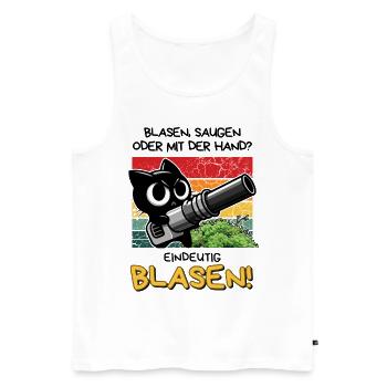Blasen? Eindeutig! – Lustige Katze mit Laubbläser - Männer Premium Bio Tank Top - Weiß - Vorne - Michal (187cm)