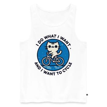 Retro cat motif on bicycle with humor and power - Men's Premium Organic Tank Top - white - Front - Michal (187cm)
