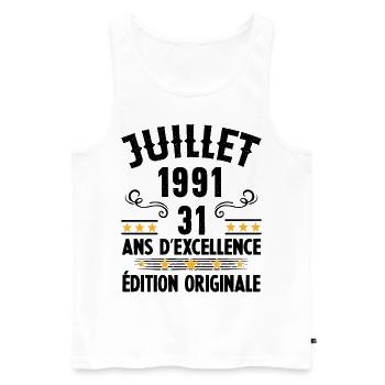 31 Ans Anniversaire Vintage Né(e) en Juillet 1991 - Débardeur bio Premium Homme - blanc - Devant - AI Model Male 178 light (178cm)