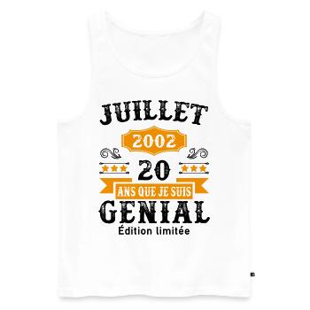 20 Ans Anniversaire Vintage Né(e) en Juillet 2002 - Débardeur bio Premium Homme - blanc - Devant - AI Model Male 178 light (178cm)