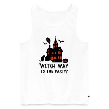 Lustiger Halloween Spruch - Witch way to the Party - Männer Premium Bio Tank Top - Weiß - Vorne - Michal (187cm)
