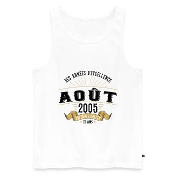 17 Ans Anniversaire Vintage Né(e) en Août 2005 - Débardeur bio Premium Homme - blanc - Devant - AI Model Male 178 light (178cm)