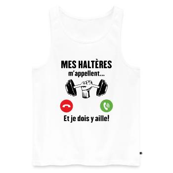 Les haltères musculation m'appellent - Débardeur bio Premium Homme - blanc - Devant - Michal (187cm)