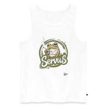 A cool smoking frog says: Servus - Men's Premium Organic Tank Top - white - Front - AI Model Male 178 light (178cm)