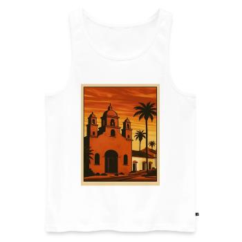 Coucher de soleil, église, palmiers et plage - Débardeur bio Premium Homme - blanc - Devant - Michal (187cm)