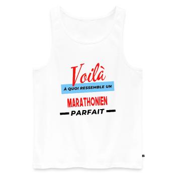 Voilà a quoi ressemble un MARATHONIEN Humour - Débardeur bio Premium Homme - blanc - Devant - Michal (187cm)