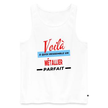 Voilà a quoi ressemble un MÉTALLIER Humour - Débardeur bio Premium Homme - blanc - Devant - AI Model Male 178 light (178cm)