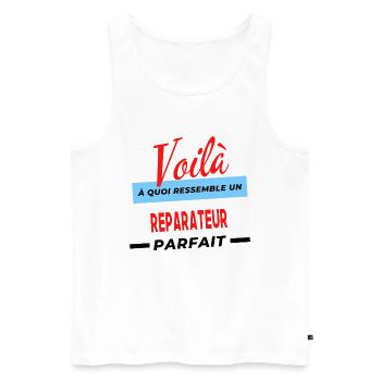 Voilà a quoi ressemble un REPARATEUR Humour - Débardeur bio Premium Homme - blanc - Devant - Michal (187cm)