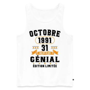 31 Ans Anniversaire Vintage Né(e) en Octobre 1991 - Débardeur bio Premium Homme - blanc - Devant - AI Model Male 178 light (178cm)