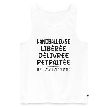 Handballeuse célèbre sa retraite avec humour cadea - Débardeur bio Premium Homme - blanc - Devant - AI Model Male 178 light (178cm)
