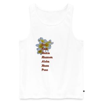 The 7 Huna Principles / frangipani flowers - Men's Premium Organic Tank Top - white - Front - AI Model Male 178 light (178cm)