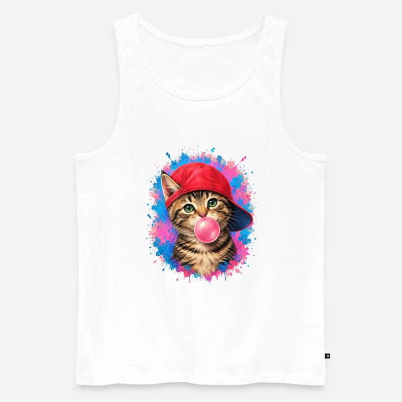 Coole Katze mit Cap und Kaugummi - Männer Premium Bio Tank Top - Weiß