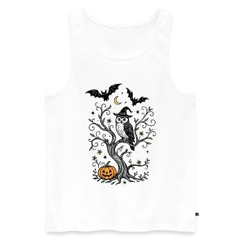 Hibou sorcière dans l’arbre avec citrouille - Halloween - Débardeur bio Premium Homme - blanc - Devant - Michal (187cm)