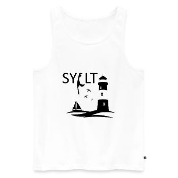 Ein Leuchtturm mit Möwen und Insel Karte von Sylt - Männer Premium Bio Tank Top - Weiß - Vorne - Michal (187cm)