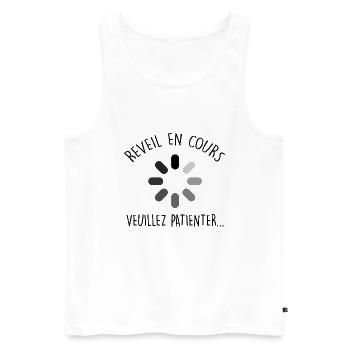 Réveil en cours | Cadeau Dormeur Humour - Débardeur bio Premium Homme - blanc - Devant - Michal (187cm)