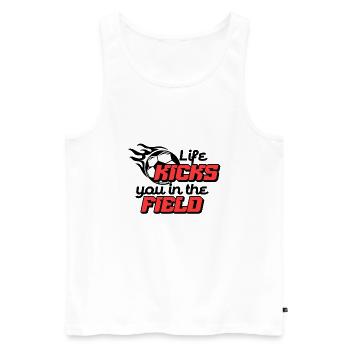 LIFE KICKS YOU IN THE FIELD - Men's Premium Organic Tank Top - white - Front - AI Model Male 178 light (178cm)