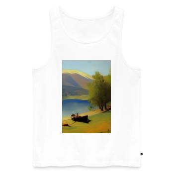 Landscape with lake, boat and mountains - Men's Premium Organic Tank Top - white - Front - Michal (187cm)