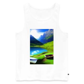 Landscape with lake, boat and mountains - Men's Premium Organic Tank Top - white - Front - Michal (187cm)