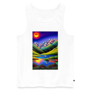 Landscape with lake, boat and mountains - Men's Premium Organic Tank Top - white - Front - Michal (187cm)