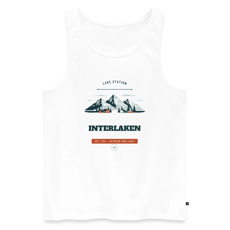 Interlaken badge on a men's premium organic tank top