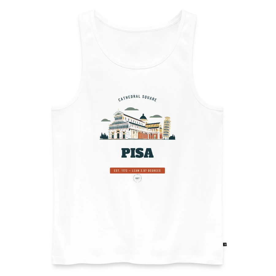 Pisa badge on a men's premium organic tank top, white, front