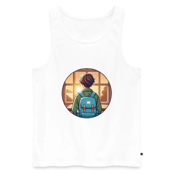 Étudiant au coucher du soleil avec badge de sac à dos - Débardeur bio Premium Homme - blanc - Devant - AI Model Male 178 light (178cm)