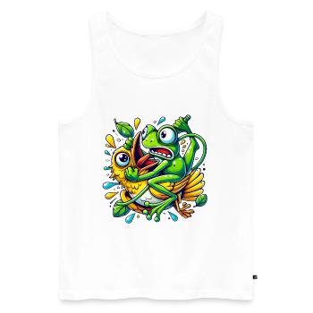 Lustiger Frosch, der sich an Vogel klammert Karikatur - Männer Premium Bio Tank Top - Weiß - Vorne - AI Model Male 178 light (178cm)