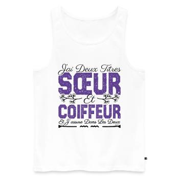 J'ai deux titres Sœur et coiffeuse Cadeau soeur. - Débardeur bio Premium Homme - blanc - Devant - AI Model Male 178 light (178cm)