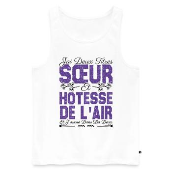 J'ai deux titres Sœur et hôtesse de l'air. soeur . - Débardeur bio Premium Homme - blanc - Devant - AI Model Male 178 light (178cm)