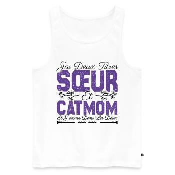 J'ai deux titres Sœur et catmom. Cadeau soeur.chat - Débardeur bio Premium Homme - blanc - Devant - AI Model Male 178 light (178cm)