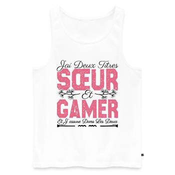 J'ai deux titres Sœur et Gamer. Cadeau soeur . - Débardeur bio Premium Homme - blanc - Devant - AI Model Male 178 light (178cm)