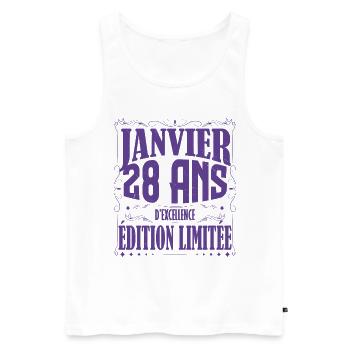 Janvier 28 ans. Cadeau 28 ans janvier anniversaire - Débardeur bio Premium Homme - blanc - Devant - AI Model Male 178 light (178cm)