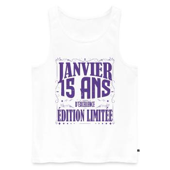 Janvier 15 ans. Cadeau 15 ans janvier anniversaire - Débardeur bio Premium Homme - blanc - Devant - Michal (187cm)
