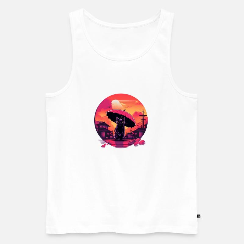 Synthwave japan Chat avec parapluie - Débardeur bio Premium Homme - blanc