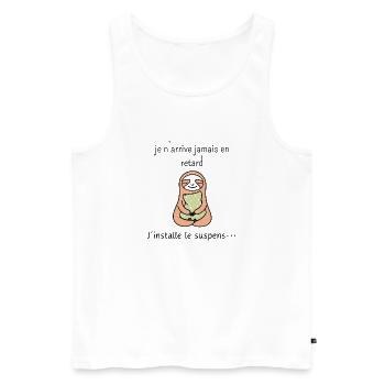 je n’arrive jamais en retard j’installe le suspens - Débardeur bio Premium Homme - blanc - Devant - Michal (187cm)