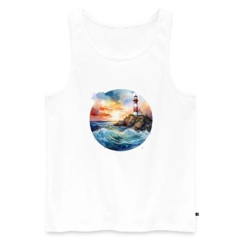 Phare majestueux au coucher du soleil avec des vagues déferlantes - Débardeur bio Premium Homme - blanc - Devant - AI Model Male 178 light (178cm)