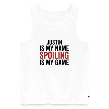 Justin ist mein Name Verderben ist mein Spiel - Männer Premium Bio Tank Top - Weiß - Vorne - AI Model Male 178 light (178cm)