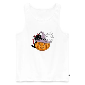 Smiling pumpkin with black cat and winking ghost - Men's Premium Organic Tank Top - white - Front - AI Model Male 178 light (178cm)