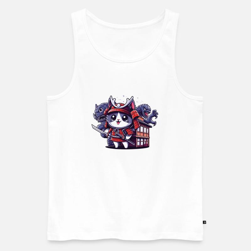 Samurai-Ninja-Katze hinter Monster und Dojo - Männer Premium Bio Tank Top - Weiß