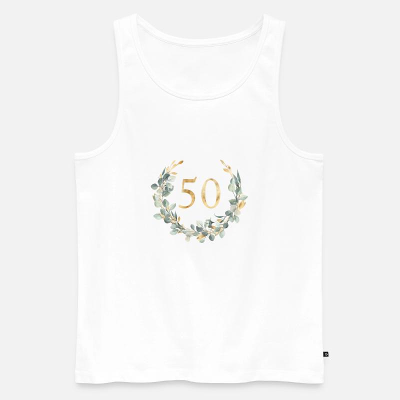 Zahl 50, Eukalyptus Kranz, personalisierbar - Männer Premium Bio Tank Top - Weiß