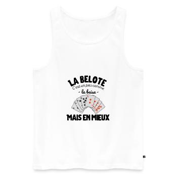 La belote c'est un peu comme la baise mais en mieu - Débardeur bio Premium Homme - blanc - Devant - AI Model Male 178 light (178cm)