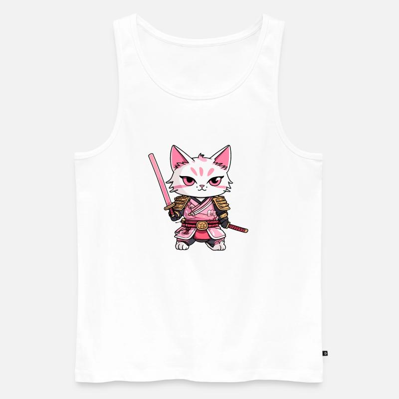 Samurai Katze & Kirschblüten #9 - Männer Premium Bio Tank Top - Weiß
