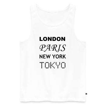 Londres, Paris, New York, Tokyo - Débardeur bio Premium Homme - blanc - Devant - Michal (187cm)
